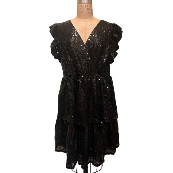 Black Sparkly Sequin V-neck Ruffle Sleeve Tiered Dress Size 4XL - Picture 2 of 12